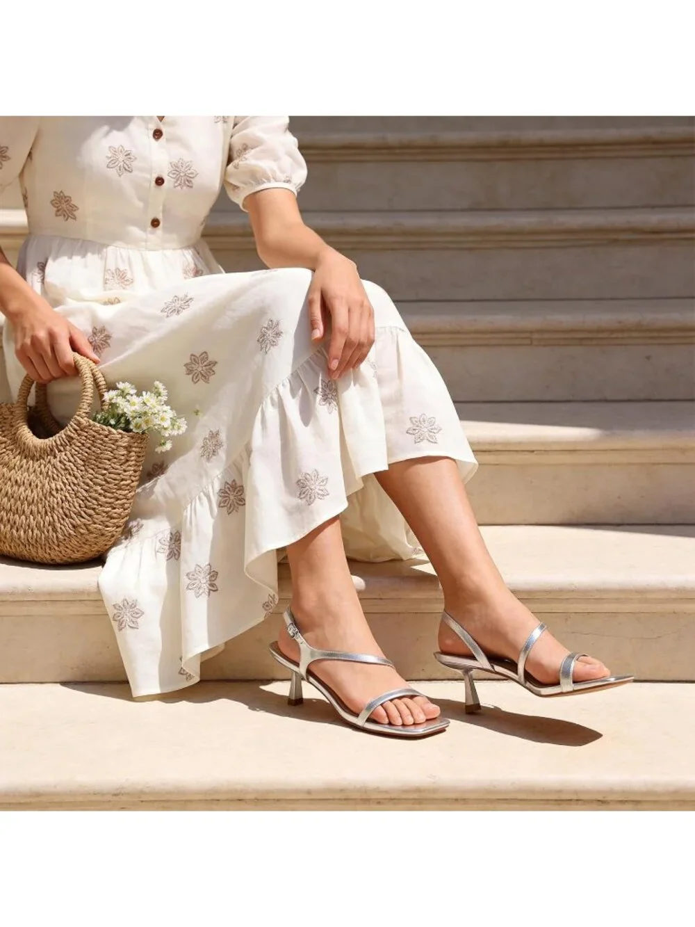 Women's Silver Adjustable Ankle Strap with Comfort and Elegant Heels Sandals